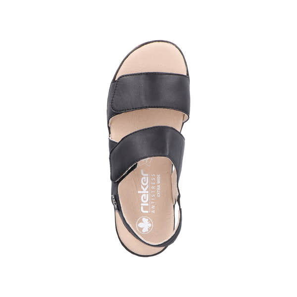 Rieker 62761-00 women's black leather touch-fastening sandals with two straps and cushioned beige insole.