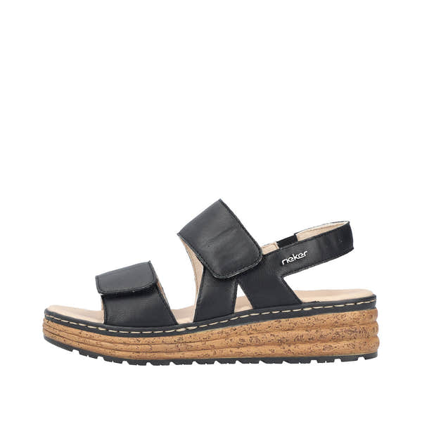 Rieker 62761-00 women's black leather touch fastening sandals with wedge sole and cushioned insole.
