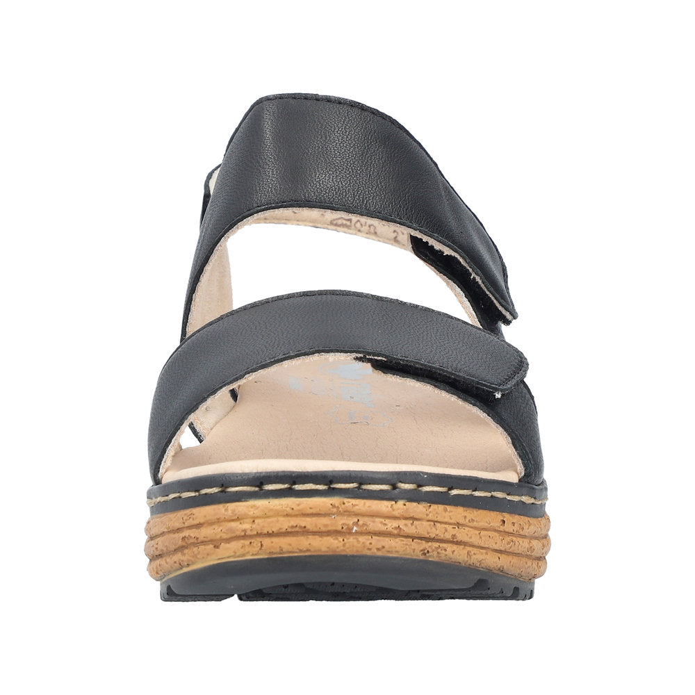 Rieker 62761-00 women's black leather touch fastening sandals with stacked cork-style sole.