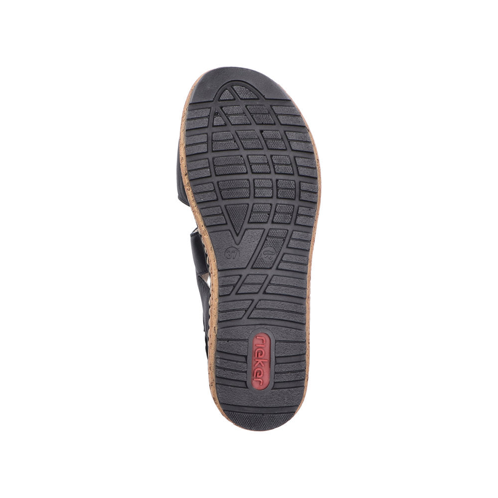 Rieker 62761-00 women's black leather touch fastening sandals with textured sole and cushioned footbed.