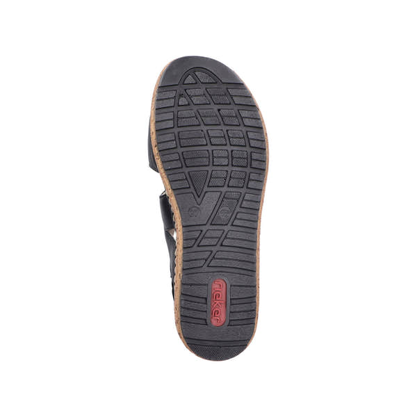 Rieker 62761-00 women's black leather touch fastening sandals with textured sole and cushioned footbed.