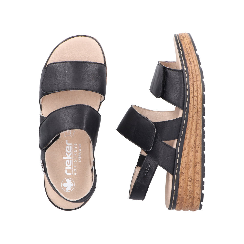 Rieker 62761-00 black leather women's touch fastening sandals with cushioned insoles and cork-effect platform sole.