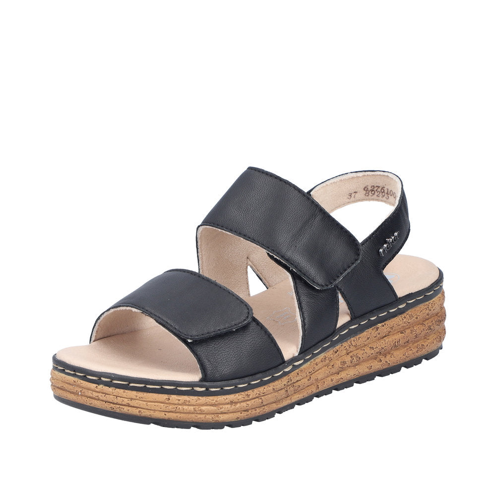 Rieker 62761-00 ladies black leather touch fastening sandals with wedge sole and cushioned insole.