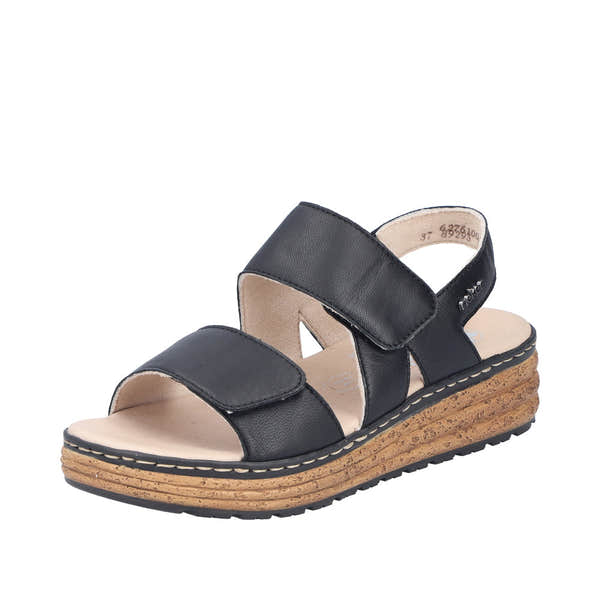 Rieker 62761-00 ladies black leather touch fastening sandals with wedge sole and cushioned insole.