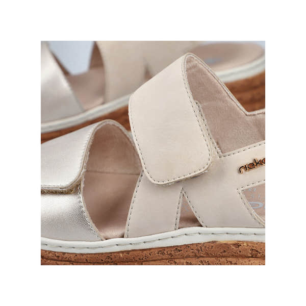 Rieker 62761-90 women's silver and beige leather touch fastening sandals with open toe and cushioned sole.
