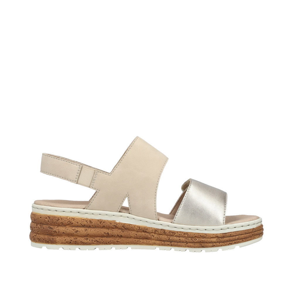 Rieker 62761-90 Ladies Silver and Beige Leather Touch Fastening Sandals with stacked cork sole.
