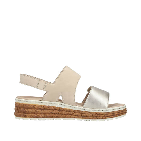 Rieker 62761-90 Ladies Silver and Beige Leather Touch Fastening Sandals with stacked cork sole.