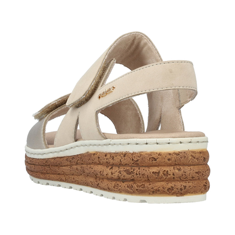 Rieker 62761-90 Ladies silver and beige leather touch fastening sandals with platform sole and multi-layered cork heel.
