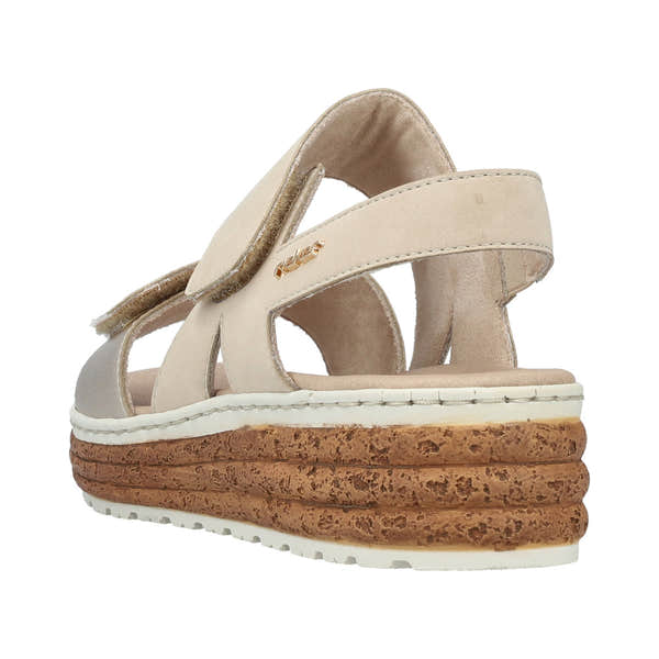 Rieker 62761-90 Ladies silver and beige leather touch fastening sandals with platform sole and multi-layered cork heel.