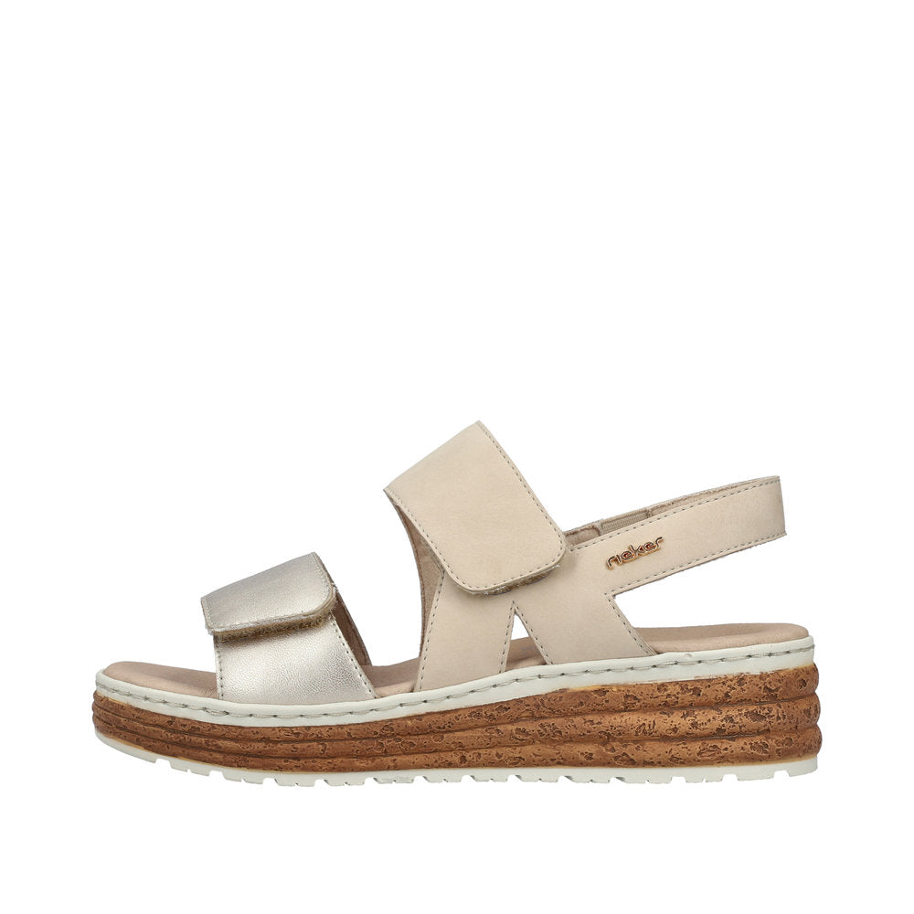 Rieker 62761-90 women's silver and beige leather touch fastening sandals with a cork wedge sole.