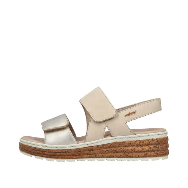Rieker 62761-90 women's silver and beige leather touch fastening sandals with a cork wedge sole.