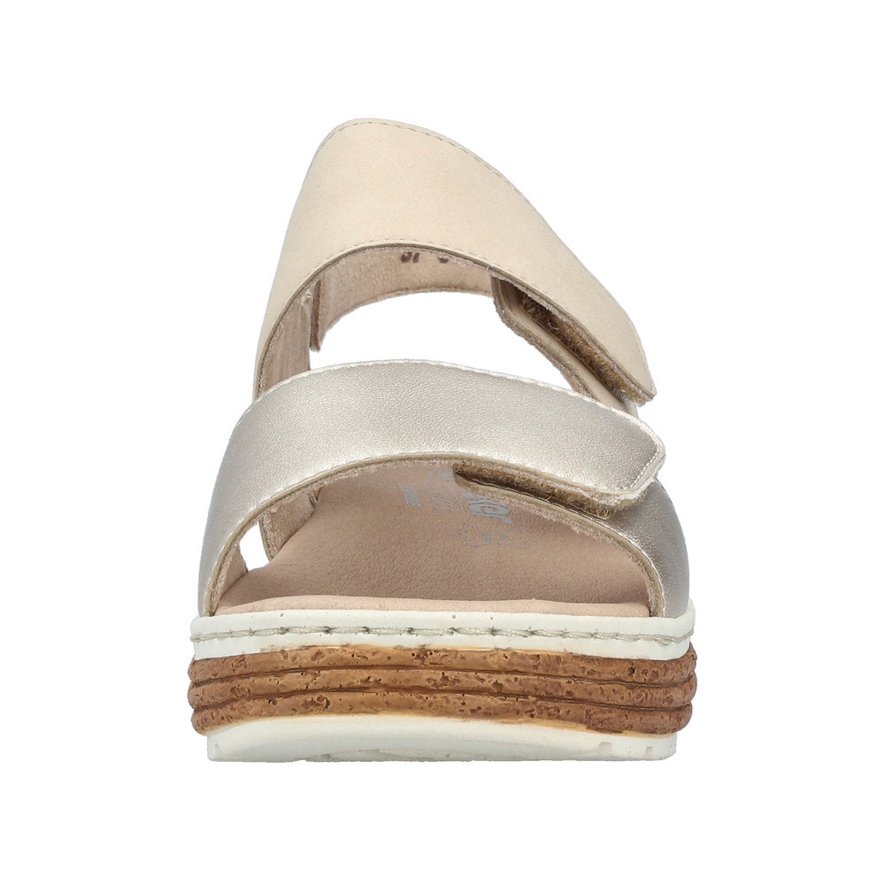 Rieker 62761-90 women's silver and beige leather touch-fastening sandals with layered sole design.