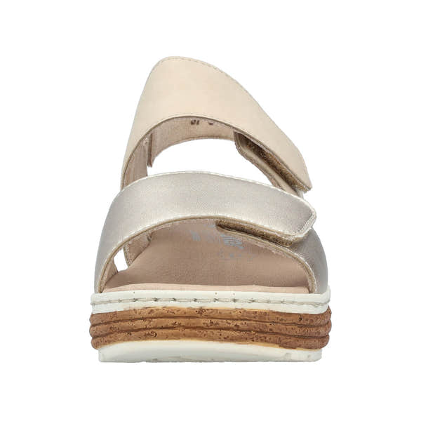 Rieker 62761-90 women's silver and beige leather touch-fastening sandals with layered sole design.