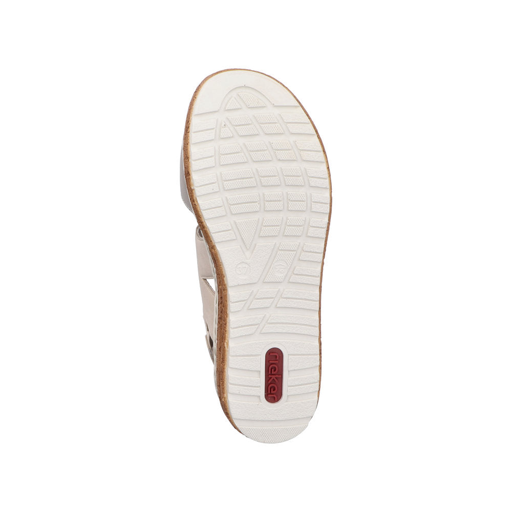 Rieker 62761-90 women's silver and beige leather touch-fastening sandals with cushioned sole and textured tread.