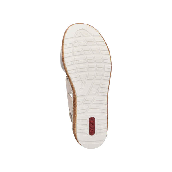 Rieker 62761-90 women's silver and beige leather touch-fastening sandals with cushioned sole and textured tread.