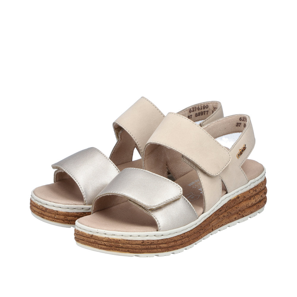 Rieker 62761-90 women's silver and beige leather touch fastening sandals with stacked sole.