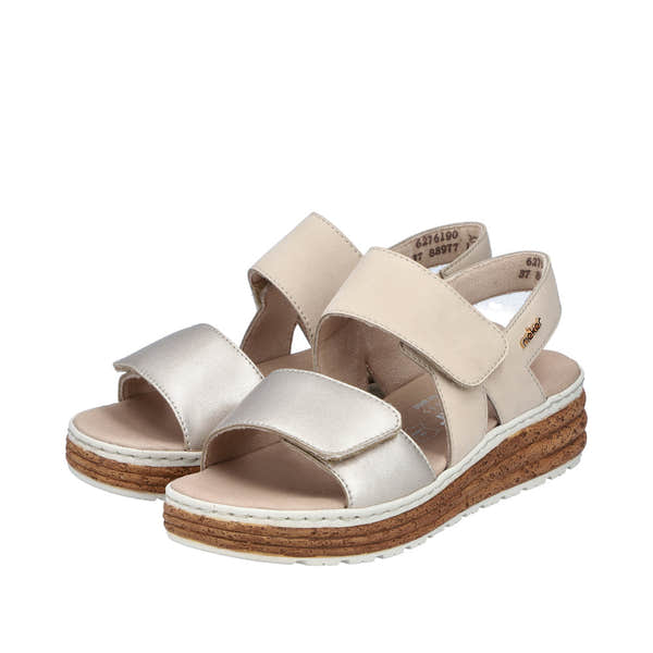 Rieker 62761-90 women's silver and beige leather touch fastening sandals with stacked sole.