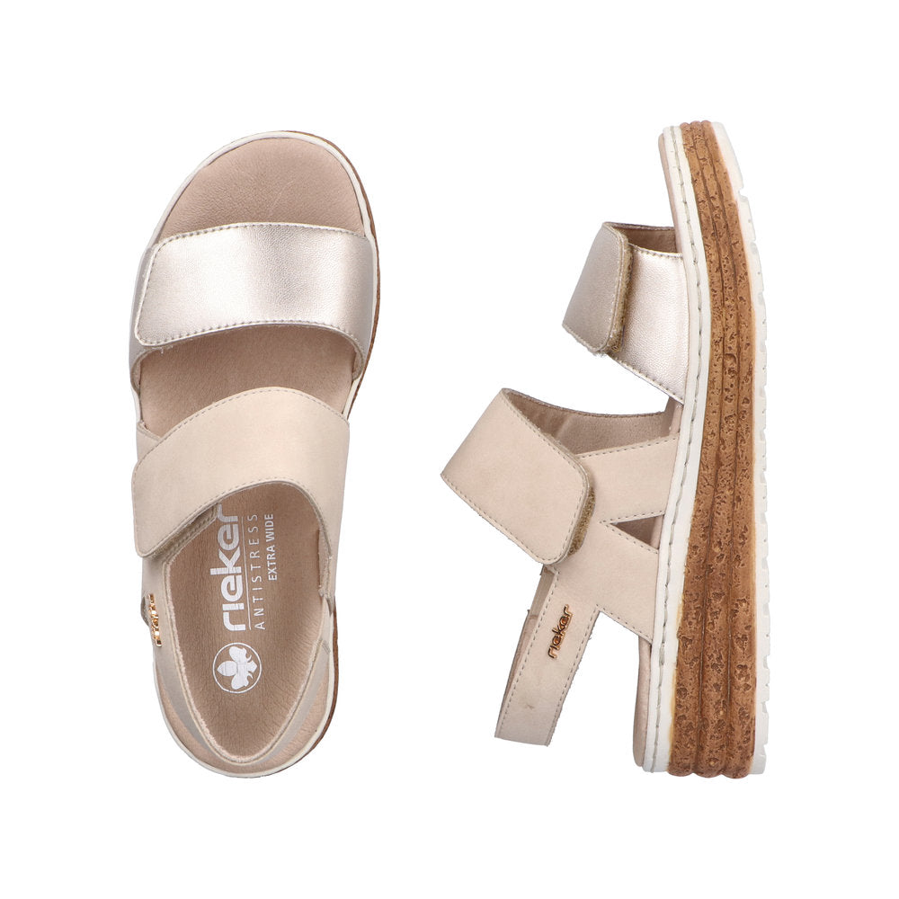 Rieker 62761-90 women's silver and beige leather touch fastening sandals, lightweight with cork and rubber sole.