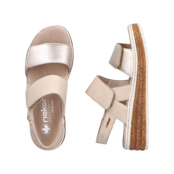 Rieker 62761-90 women's silver and beige leather touch fastening sandals, lightweight with cork and rubber sole.