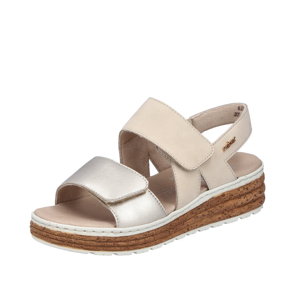 Rieker 62761-90 women's silver and beige leather touch fastening sandals with layered cork sole.