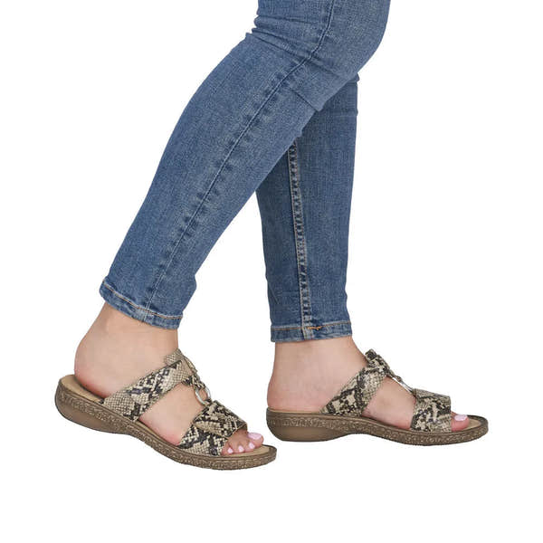 Rieker 628P9-20 women's brown slip-on mule sandals with snake print straps and cushioned sole.