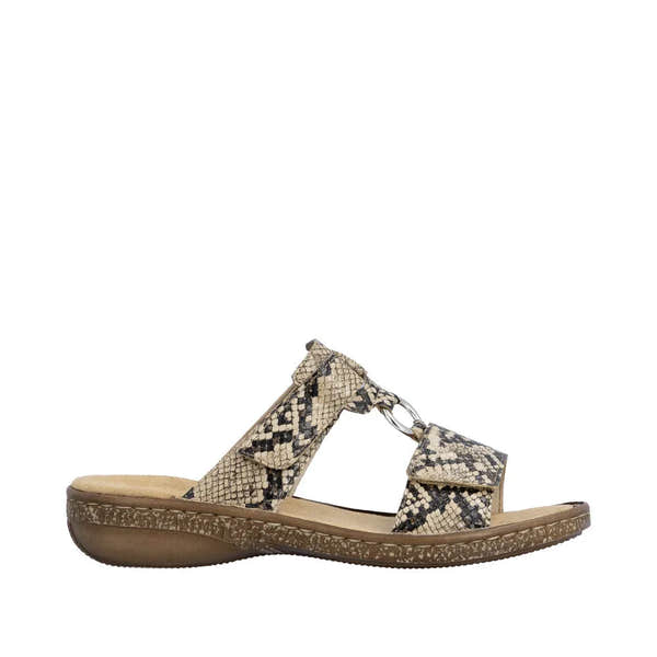 Rieker 628P9-20 women's brown slip-on mule sandals with snake-print straps and comfortable cushioned insole.