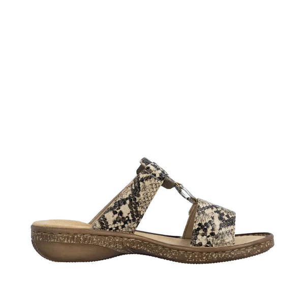 Rieker 628P9-20 women's brown slip-on mule sandals with snakeskin pattern and cushioned footbed.