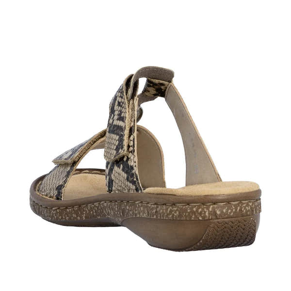 Rieker 628P9-20 women's brown slip-on mule with a snakeskin pattern, reversible strap, cushioned insole, and slip-resistant sole.