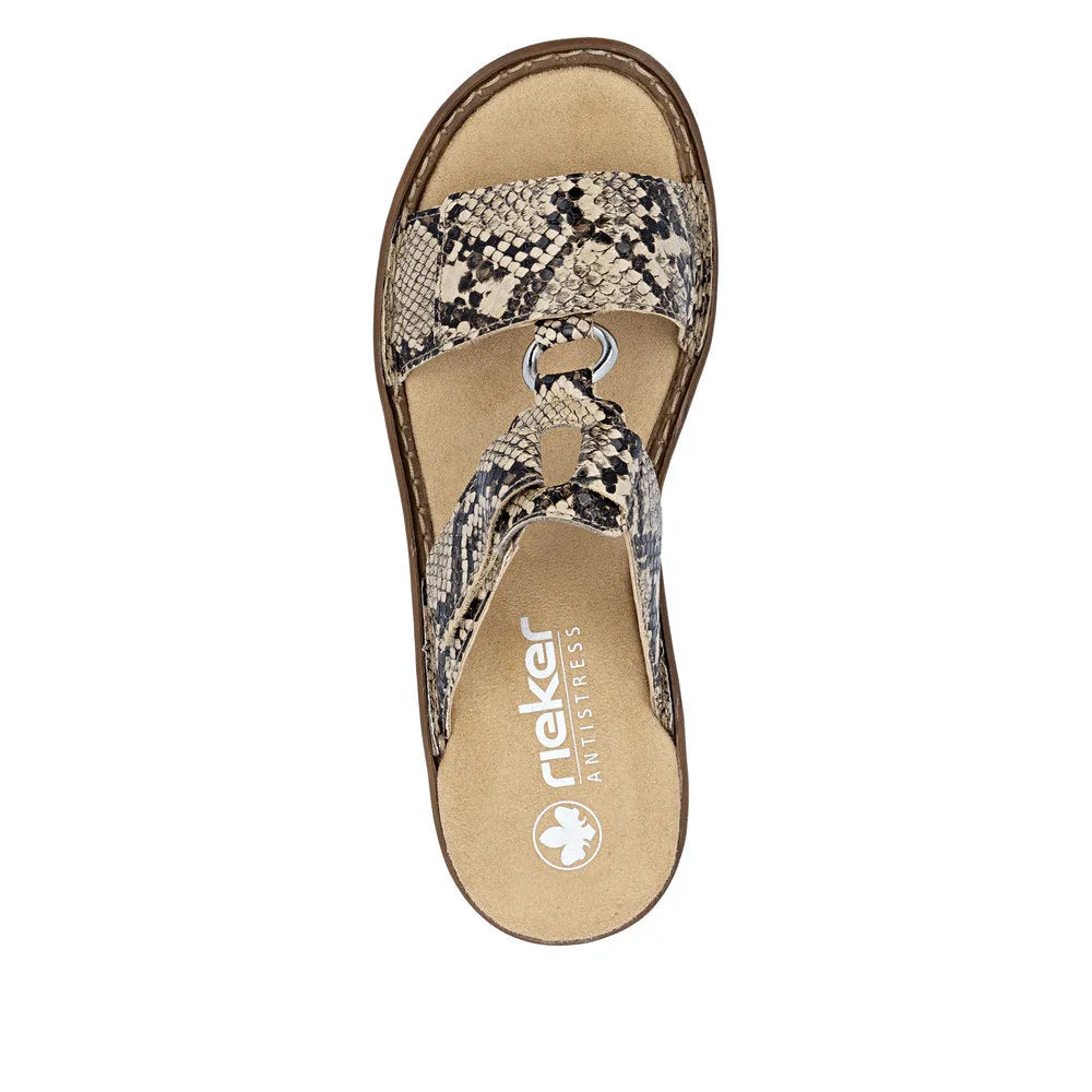 Rieker 628P9-20 women's brown slip-on mule sandals with snakeskin pattern and adjustable strap.