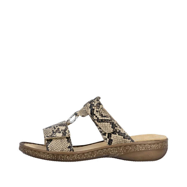 Rieker 628P9-20 women's brown slip-on mule sandals with snake print straps and cushioned insole.