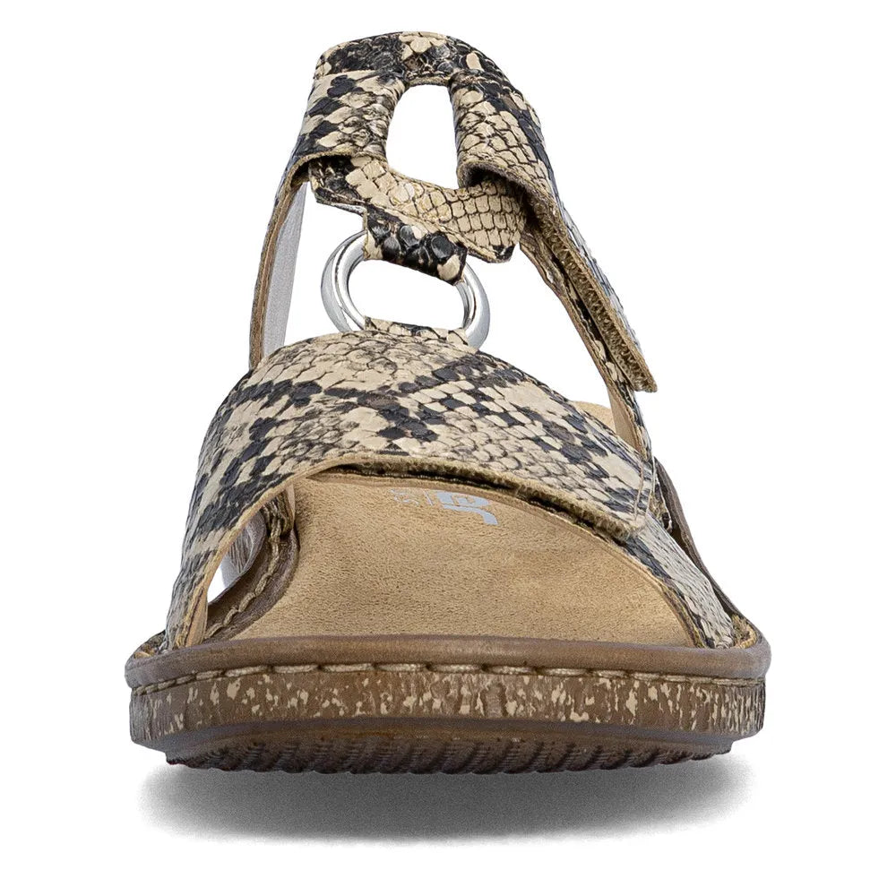 Rieker 628P9-20 women's brown slip-on mule with snake print design, open toe, and comfortable flat sole.