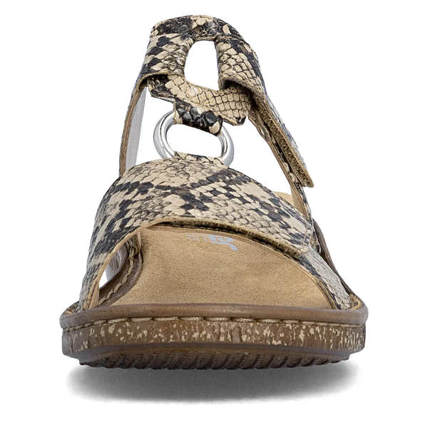 Rieker 628P9-20 women's brown slip-on mule with snake print design, open toe, and comfortable flat sole.