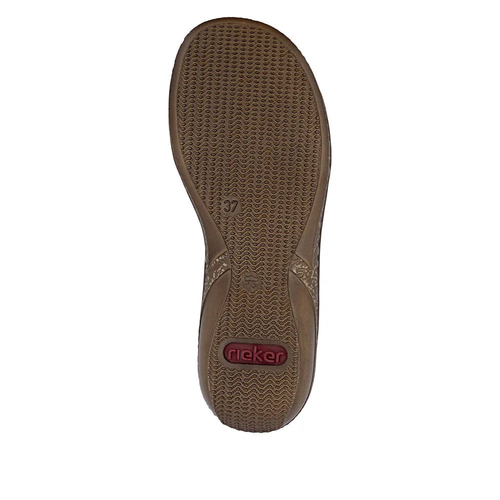 Rieker 628P9-20 women's brown slip-on mule shoe with textured sole and ergonomic design.