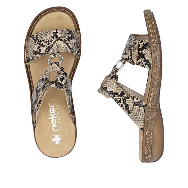 Rieker 628P9-20 women's brown slip-on mule sandals with snake print straps and cushioned footbed.