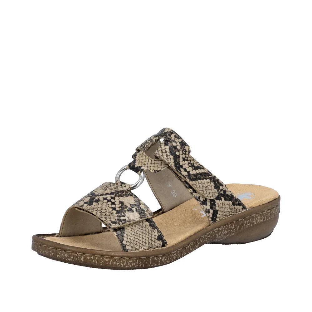 Rieker 628P9-20 women's brown slip-on mule sandals with faux snake print straps and cushioned footbed.