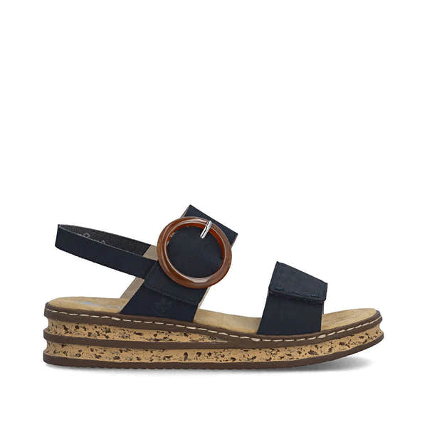 Rieker 62950-14 ladies Pacific blue touch fastening sandals with cork wedge heel and adjustable ankle strap.