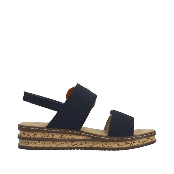 Rieker 62950-14 Ladies Pacific Blue Touch Fastening Sandals with cork-inspired sole and adjustable straps.
