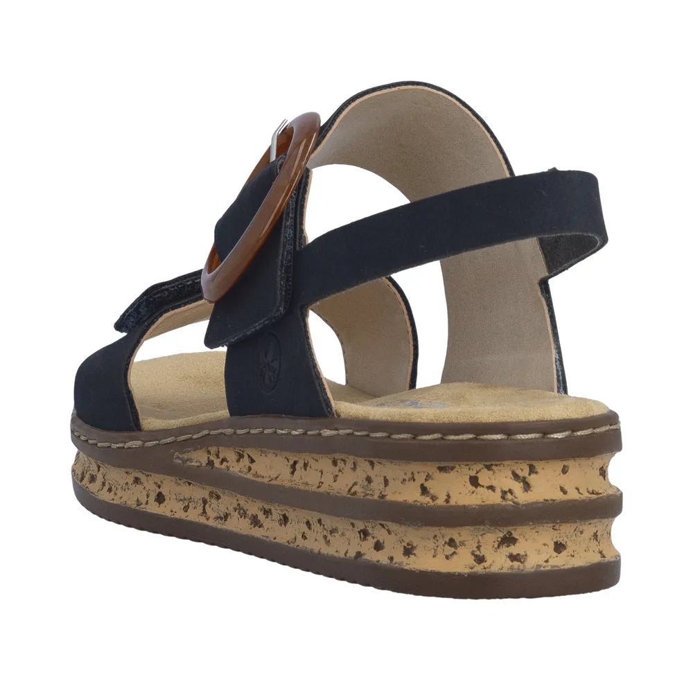 Rieker 62950-14 women's Pacific Blue touch fasten sandals with chunky cork platform sole and adjustable buckle strap.