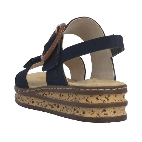 Rieker 62950-14 women's Pacific Blue touch fasten sandals with chunky cork platform sole and adjustable buckle strap.