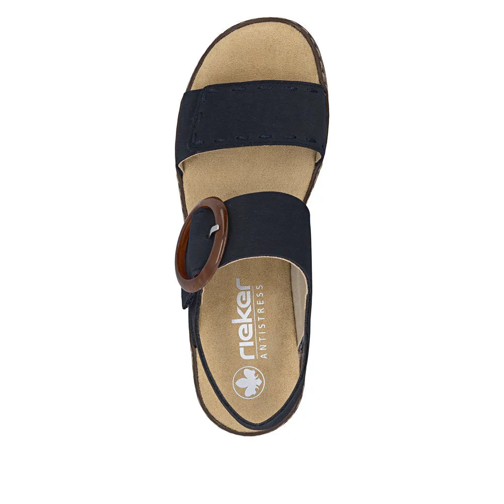 Rieker 62950-14 ladies Pacific blue touch fastening sandals with adjustable strap and wooden buckle, cushioned footbed, and open heel.