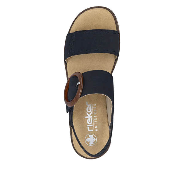 Rieker 62950-14 ladies Pacific blue touch fastening sandals with adjustable strap and wooden buckle, cushioned footbed, and open heel.