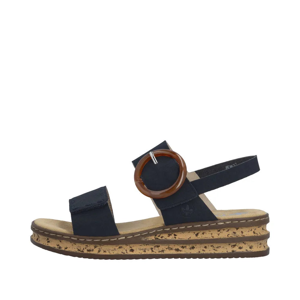 Rieker 62950-14 ladies Pacific blue touch fastening sandals with cork wedge sole and ankle strap.