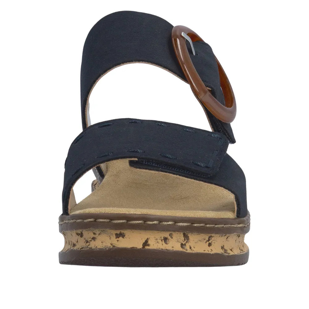 Rieker 62950-14 Ladies Pacific Blue touch fastening sandal with adjustable strap and cork wedge sole.