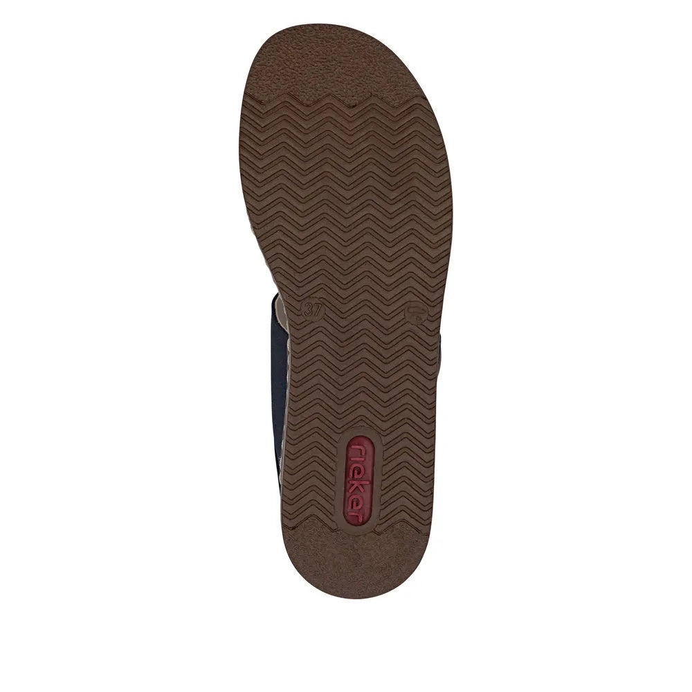 Rieker 62950-14 ladies Pacific blue touch-fastening sandals with cushioned sole and slip-resistant brown rubber outsole.