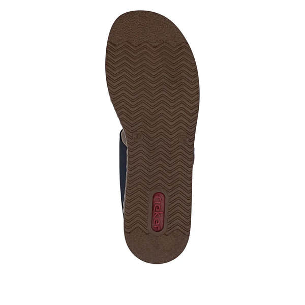 Rieker 62950-14 ladies Pacific blue touch-fastening sandals with cushioned sole and slip-resistant brown rubber outsole.