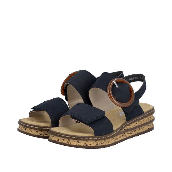 Rieker 62950-14 Ladies Pacific Blue Touch Fastening Sandals with adjustable straps and cork sole.
