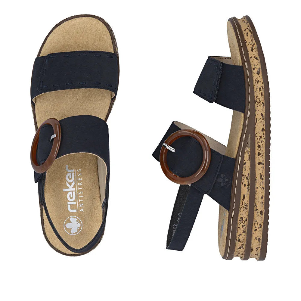Rieker 62950-14 women's Pacific blue touch fastening sandals with chunky cork-style sole and large circular buckle.