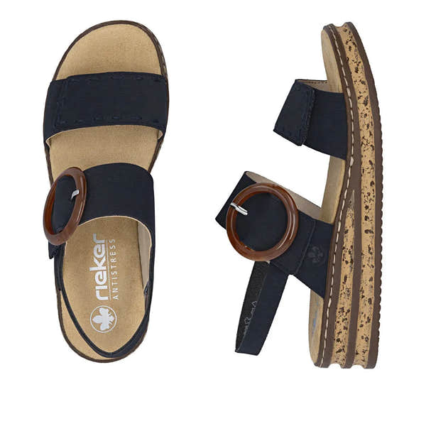 Rieker 62950-14 women's Pacific blue touch fastening sandals with chunky cork-style sole and large circular buckle.