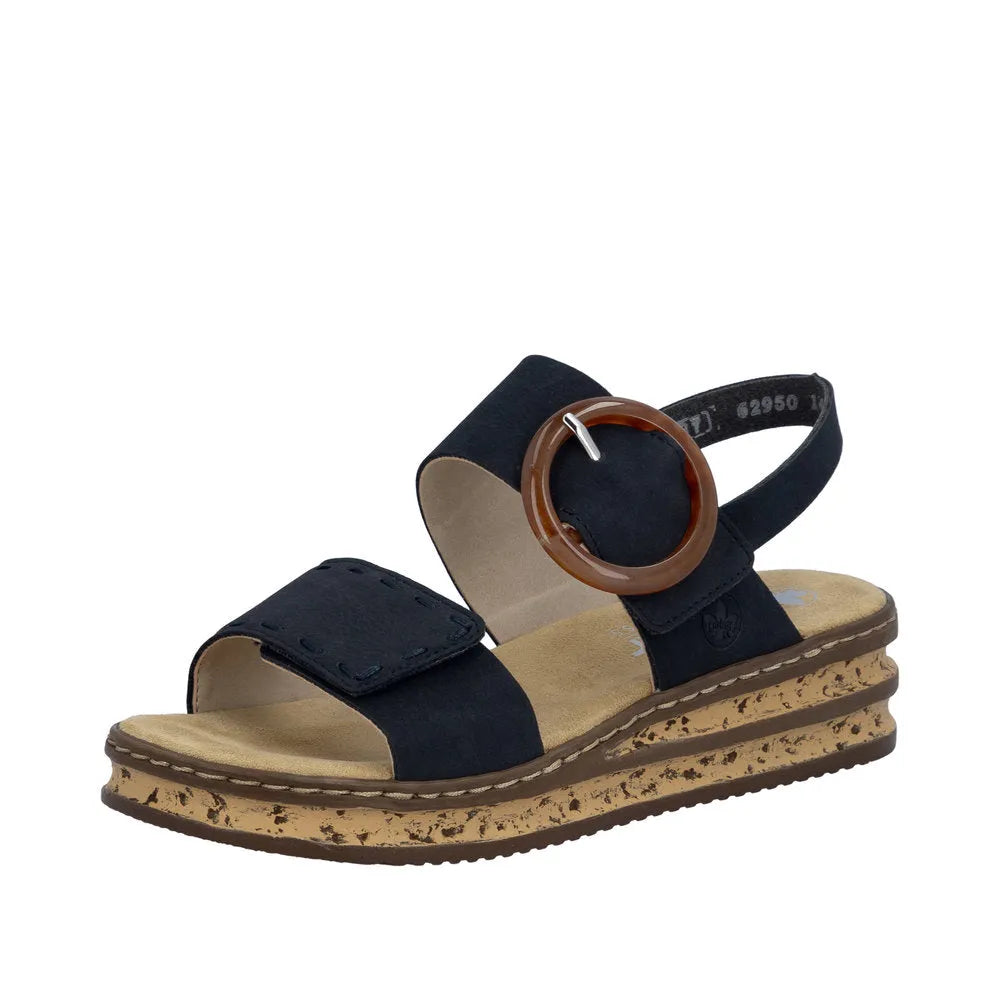 Rieker 62950-14 Ladies Pacific Blue Touch Fastening Sandals with cork-style sole and adjustable buckle strap.