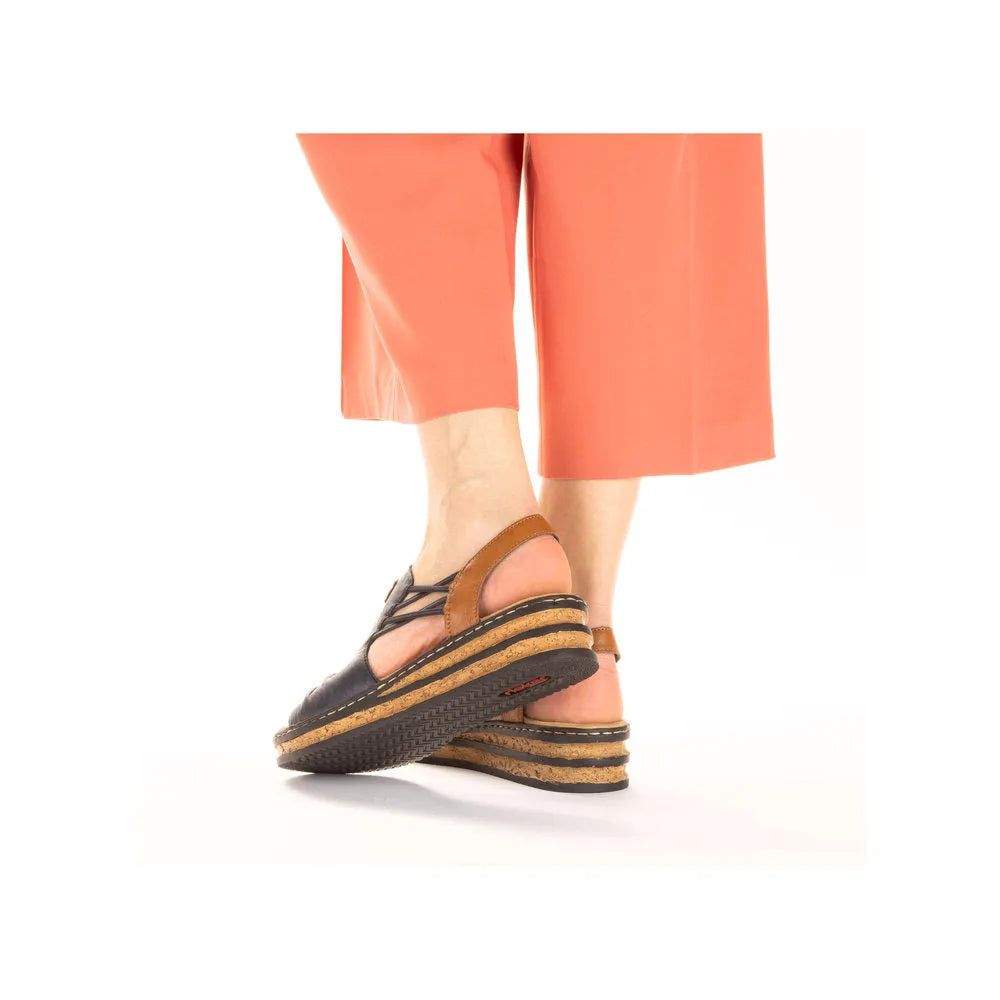 Rieker 62962-14 women's elasticated sandals in pacific blue and brown with wedge heel and leather straps.